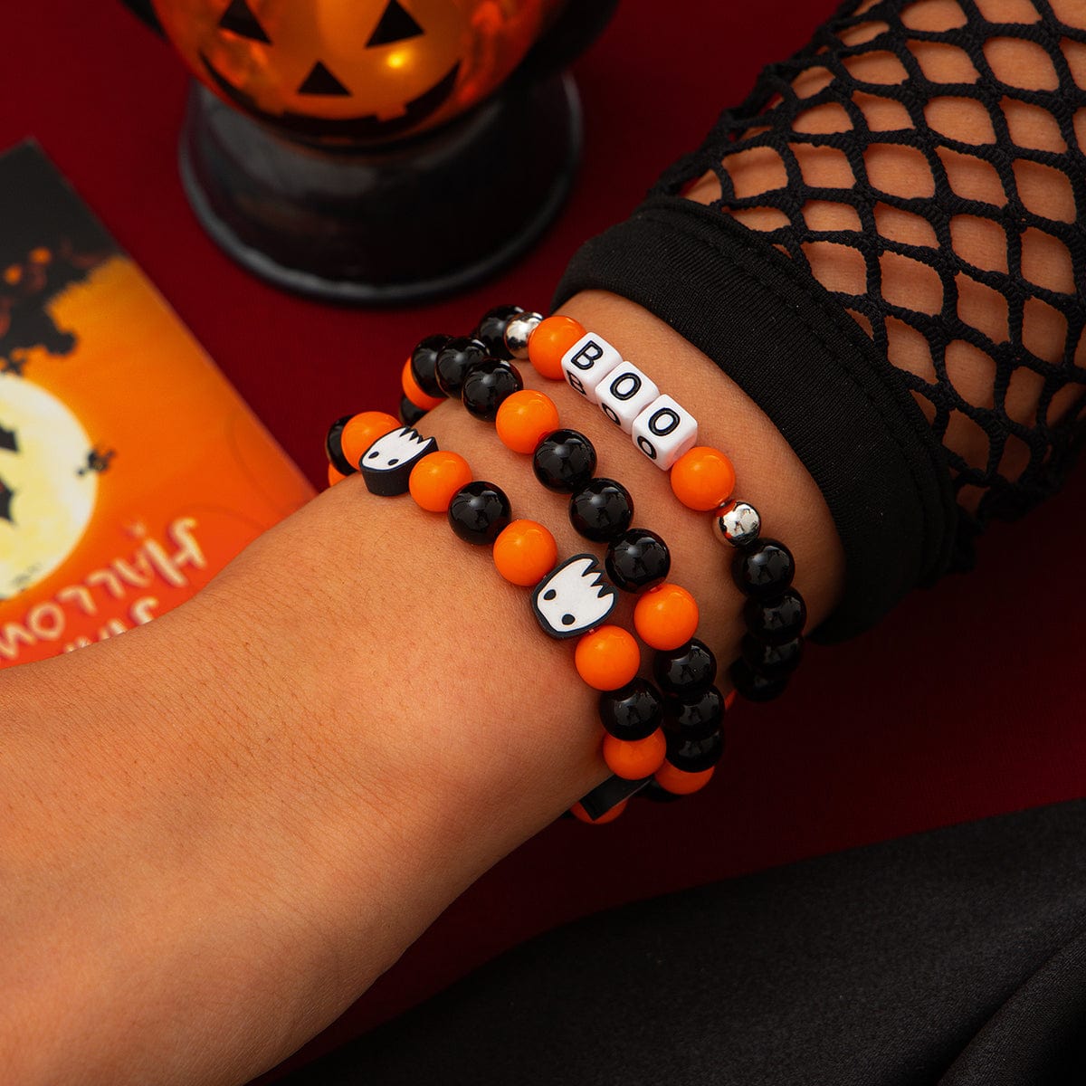 Halloween Theme Ghost Letter Charm Crystal Beaded Bracelet Set