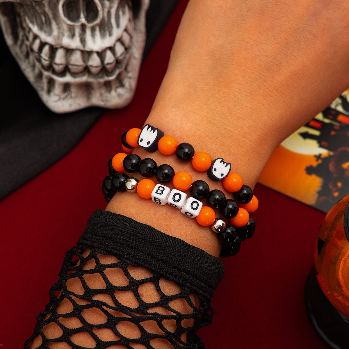 Halloween Theme Ghost Letter Charm Crystal Beaded Bracelet Set