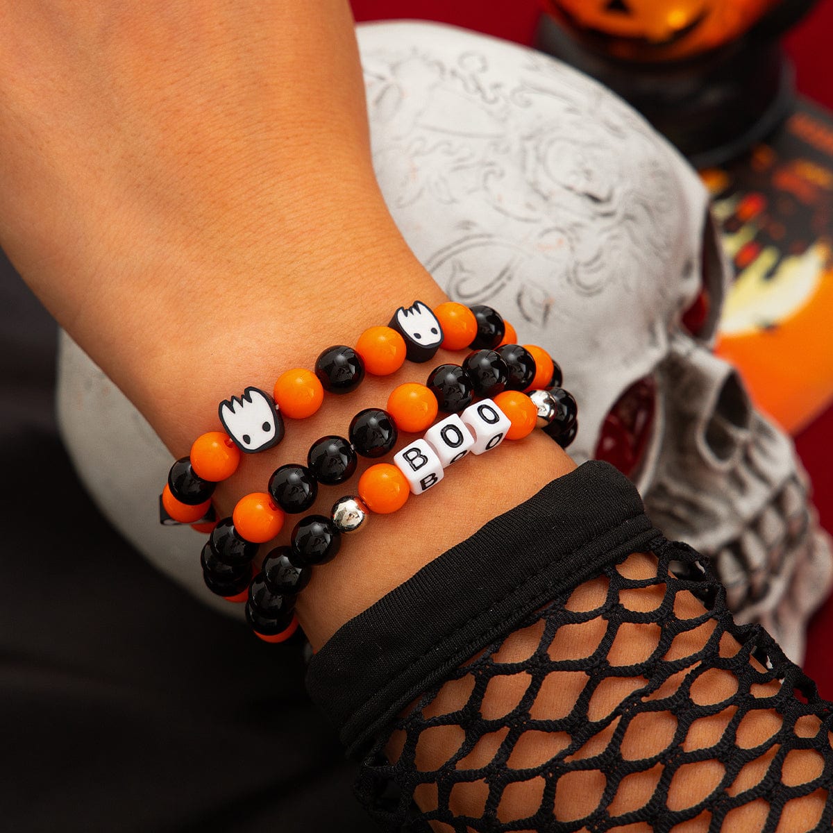 Halloween Theme Ghost Letter Charm Crystal Beaded Bracelet Set