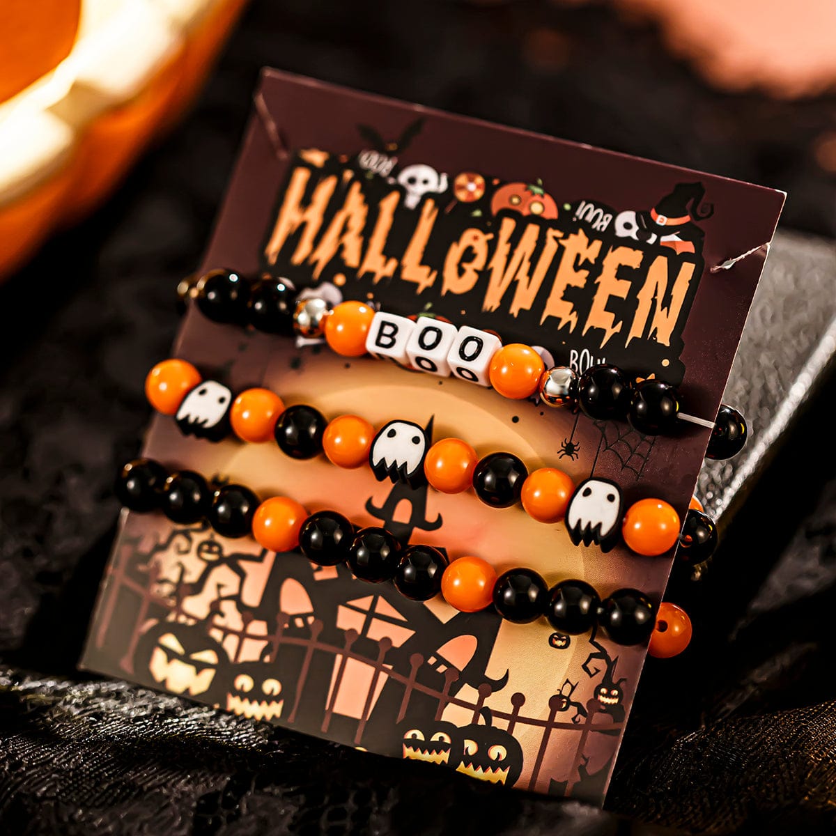 Halloween Theme Ghost Letter Charm Crystal Beaded Bracelet Set