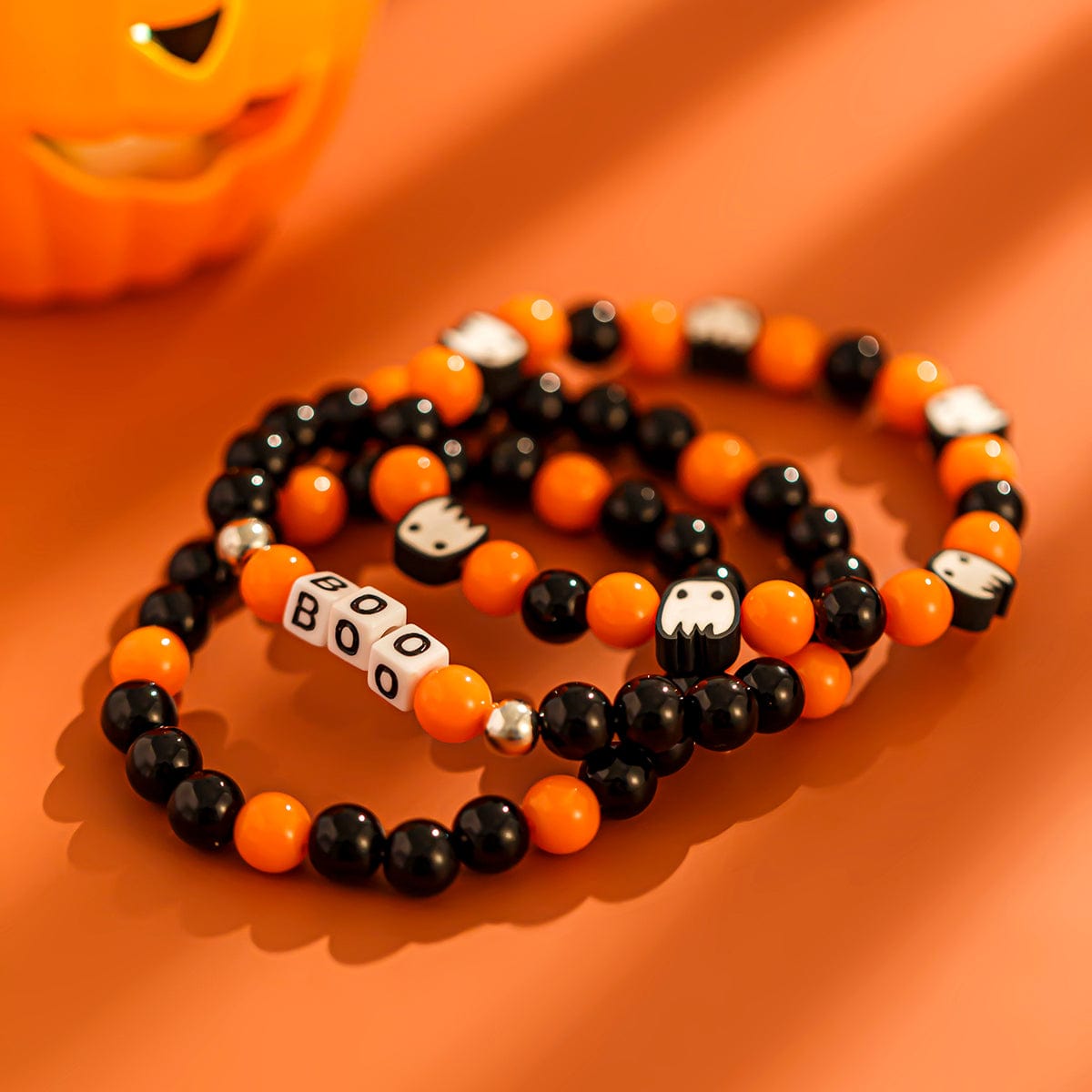 Halloween Theme Ghost Letter Charm Crystal Beaded Bracelet Set