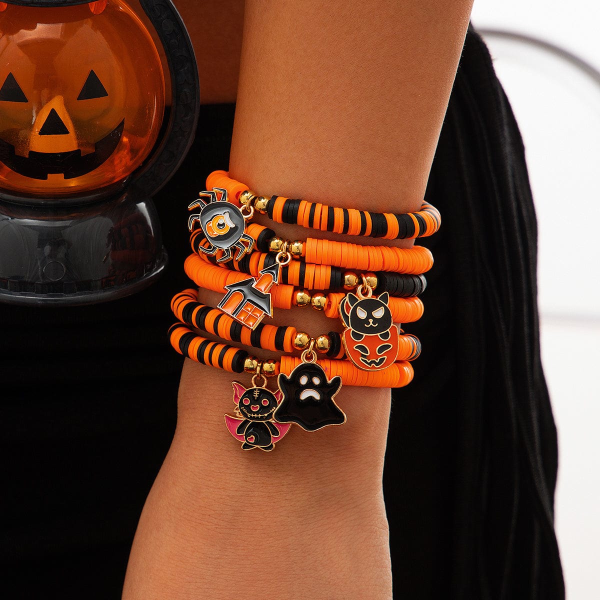 Halloween Theme Layered Ghost Spider Pumpkin Kitten Charm Strench Bracelet Set