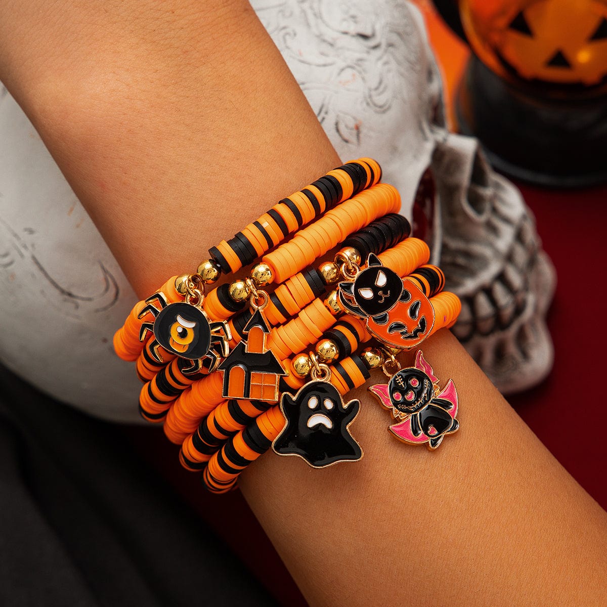 Halloween Theme Layered Ghost Spider Pumpkin Kitten Charm Strench Bracelet Set