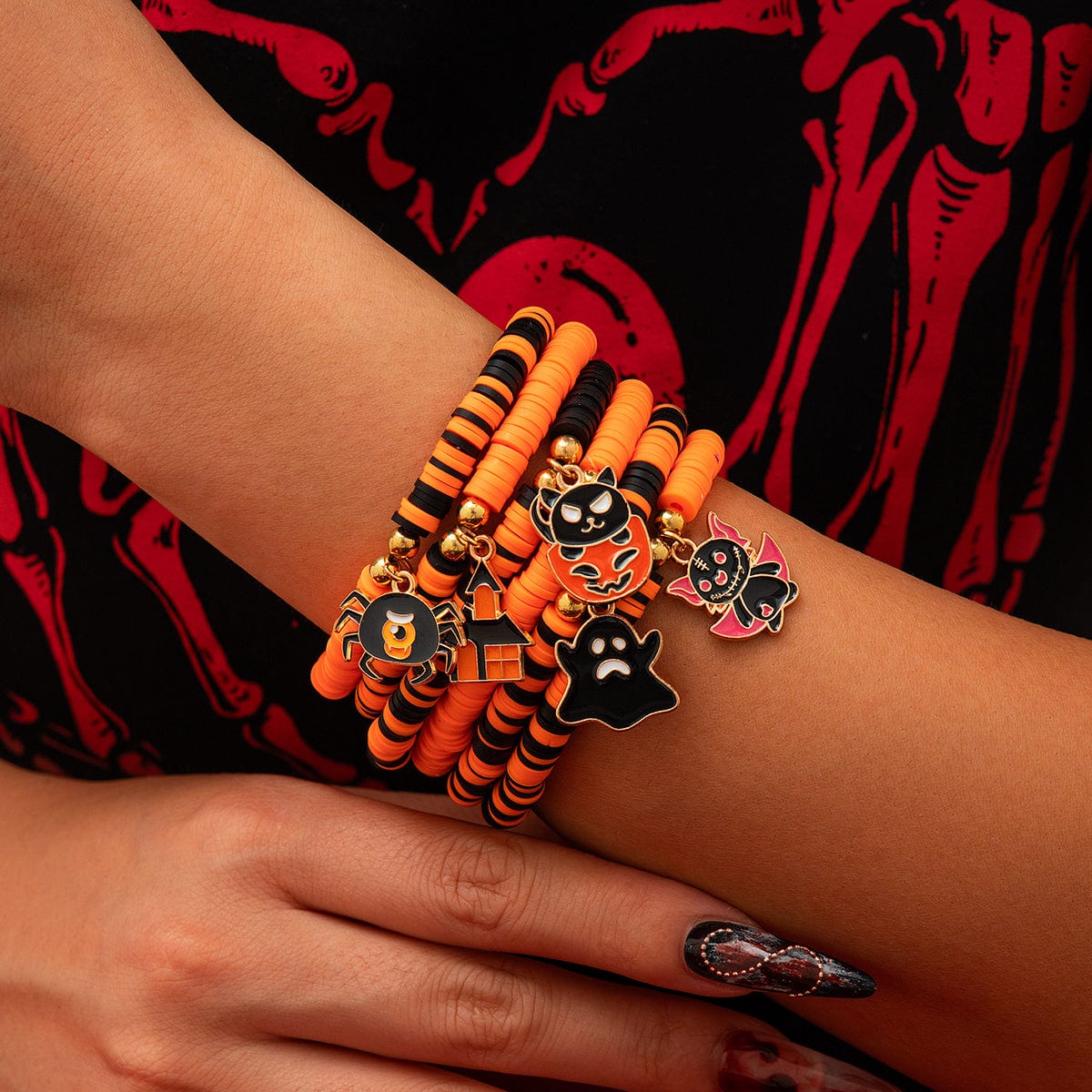 Halloween Theme Layered Ghost Spider Pumpkin Kitten Charm Strench Bracelet Set