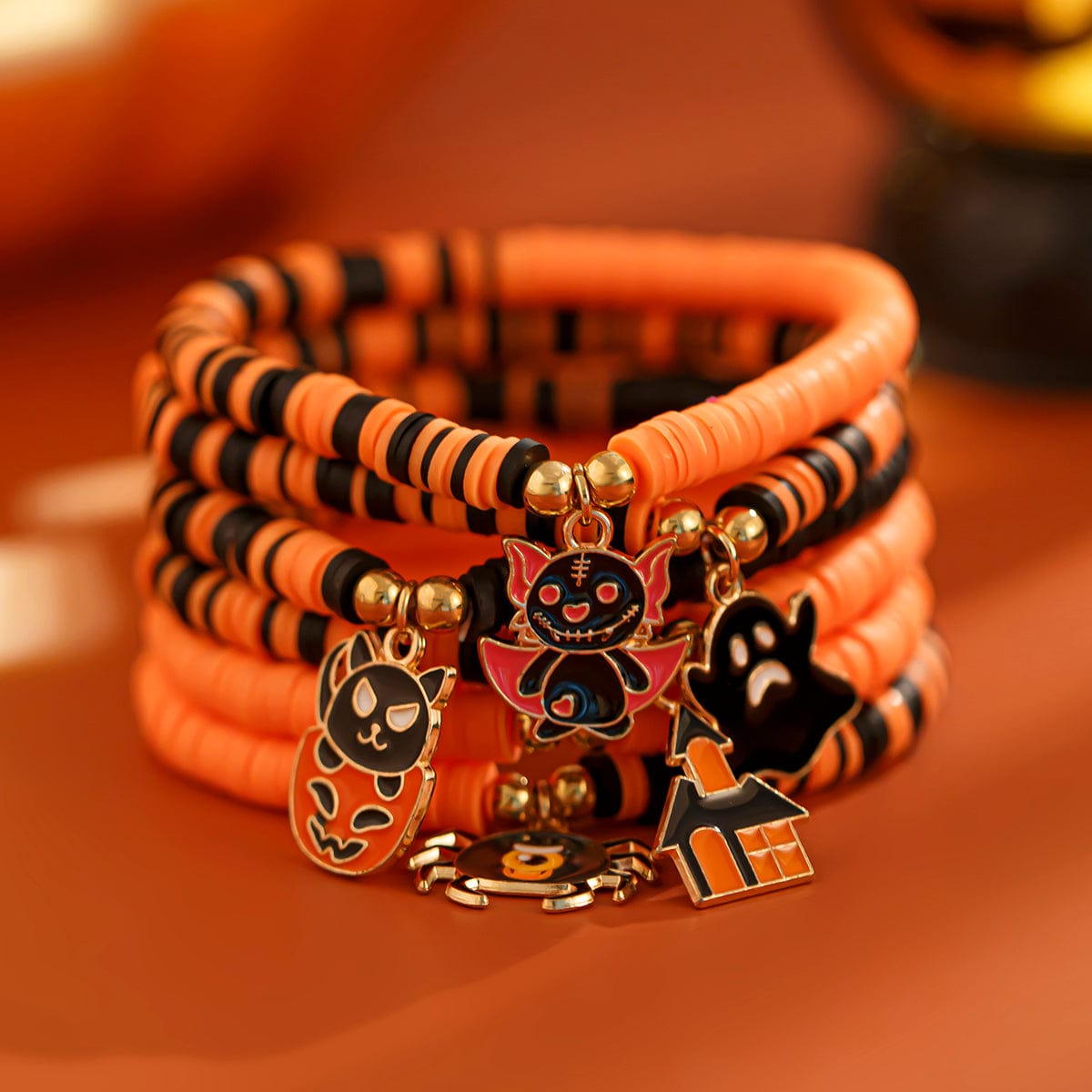 Halloween Theme Layered Ghost Spider Pumpkin Kitten Charm Strench Bracelet Set