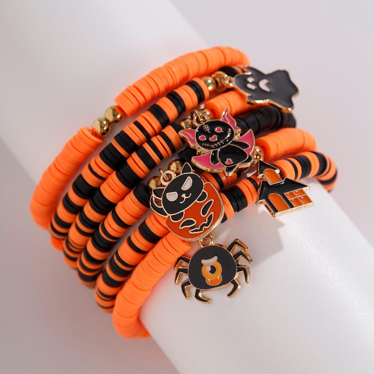 Halloween Theme Layered Ghost Spider Pumpkin Kitten Charm Strench Bracelet Set