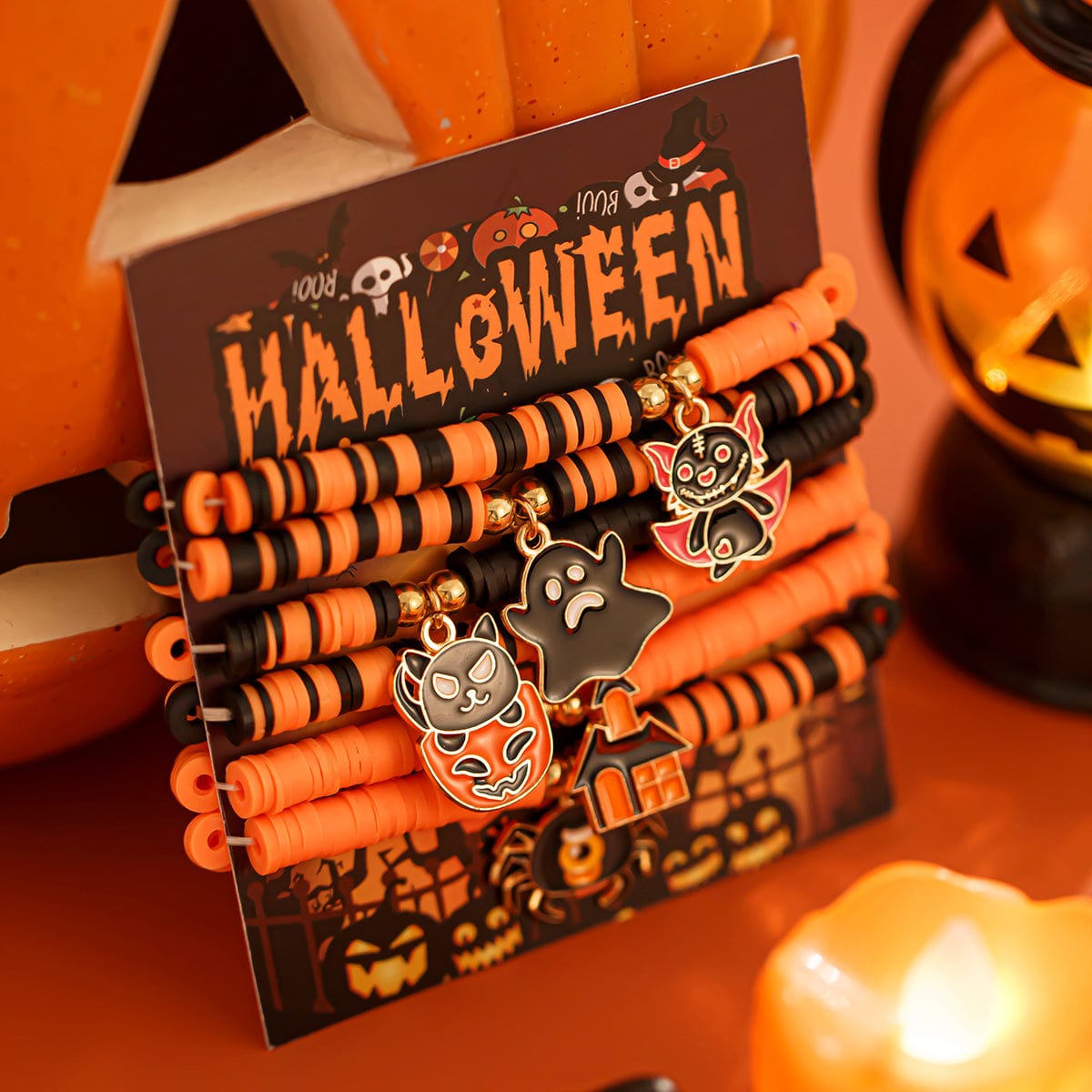 Halloween Theme Layered Ghost Spider Pumpkin Kitten Charm Strench Bracelet Set