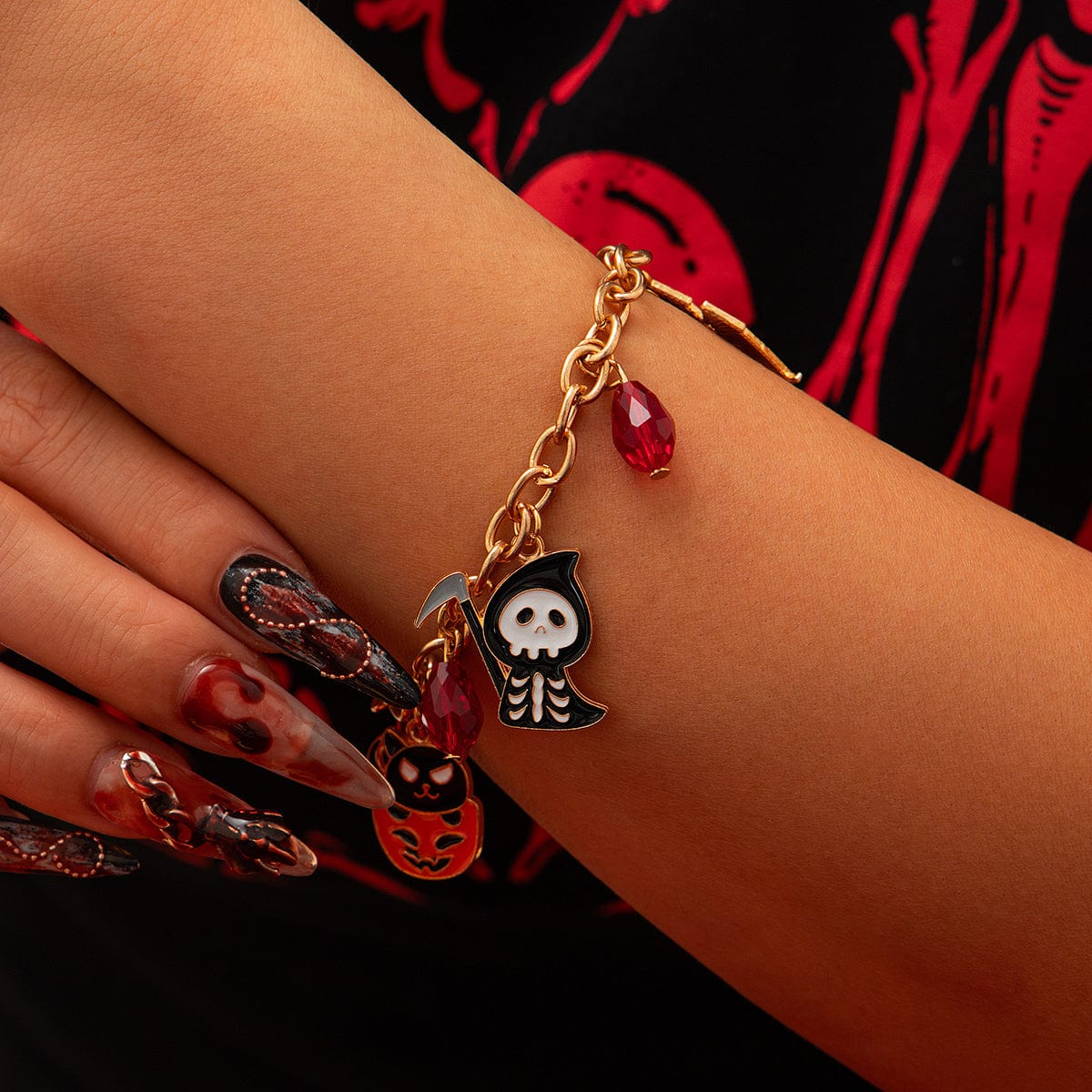Halloween Theme Pumpkin Ghost Skeleton Charm Crystal Tassel Bracelet - ArtGalleryZen