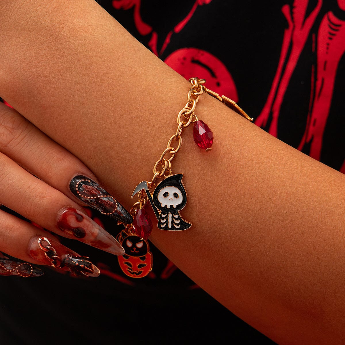 Halloween Theme Pumpkin Ghost Skeleton Charm Crystal Tassel Bracelet