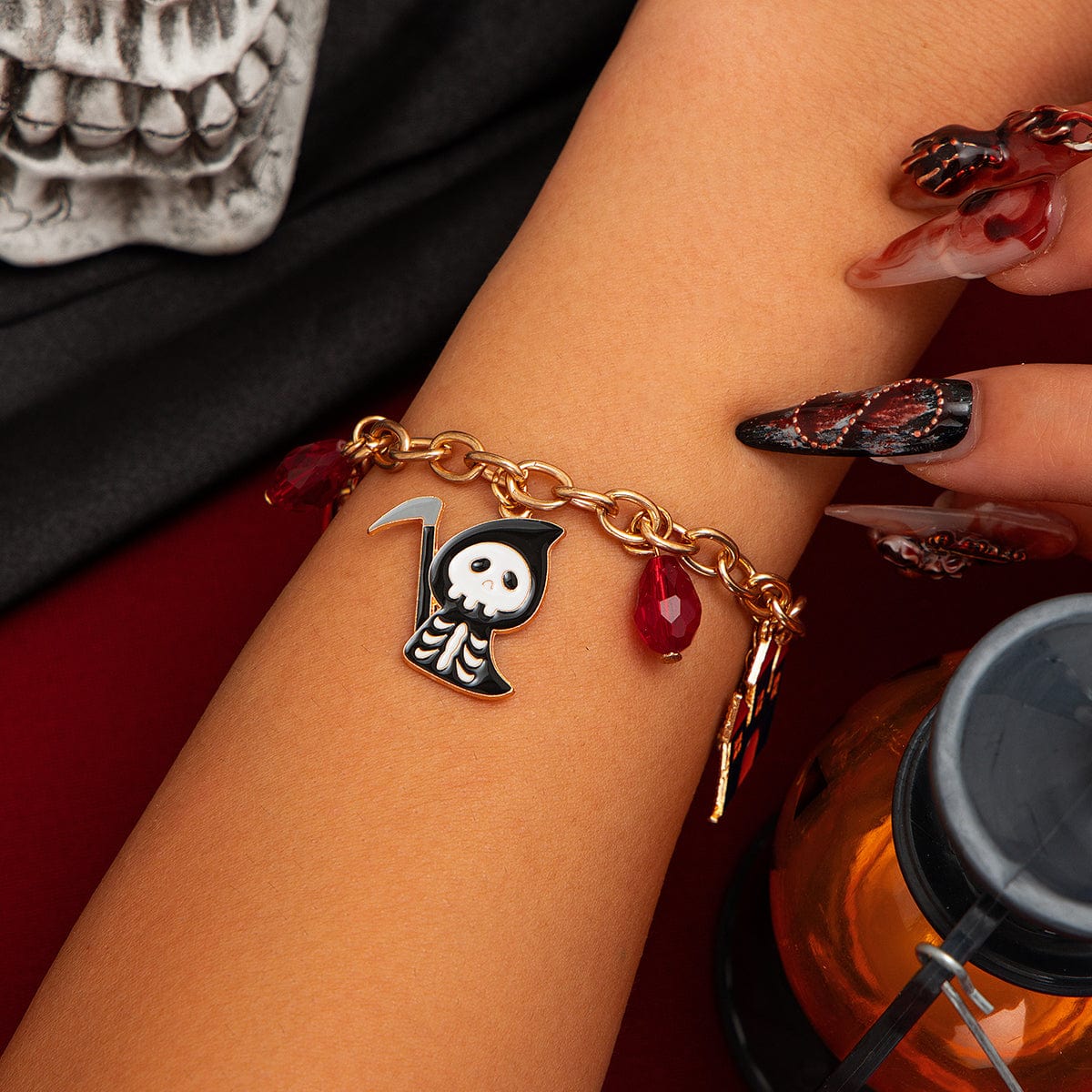 Halloween Theme Pumpkin Ghost Skeleton Charm Crystal Tassel Bracelet