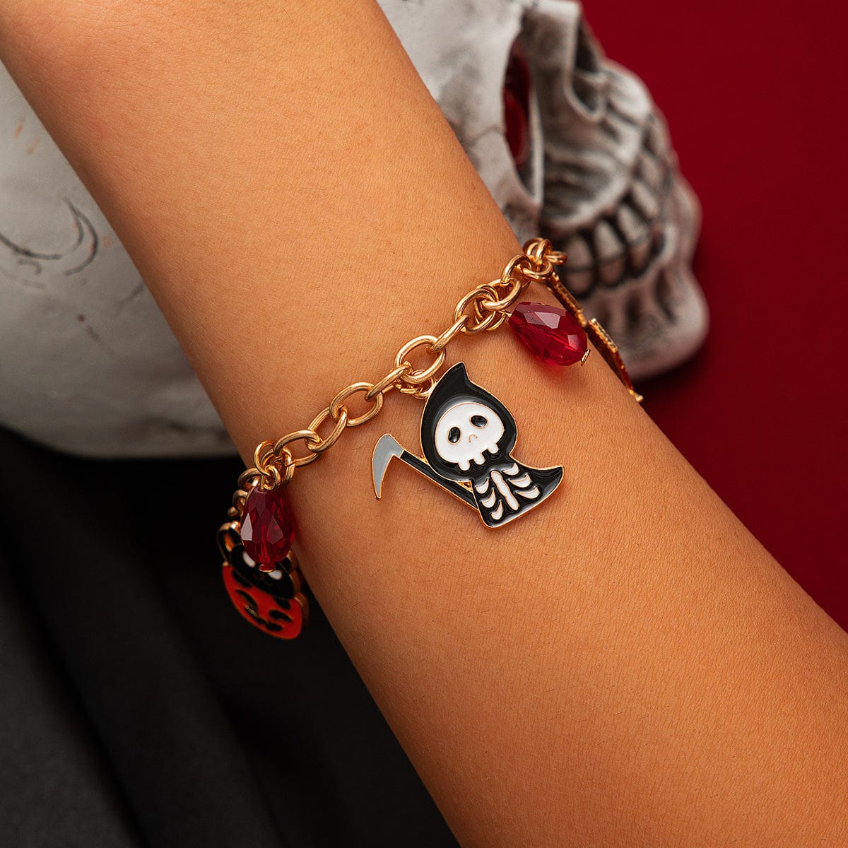 Halloween Theme Pumpkin Ghost Skeleton Charm Crystal Tassel Bracelet