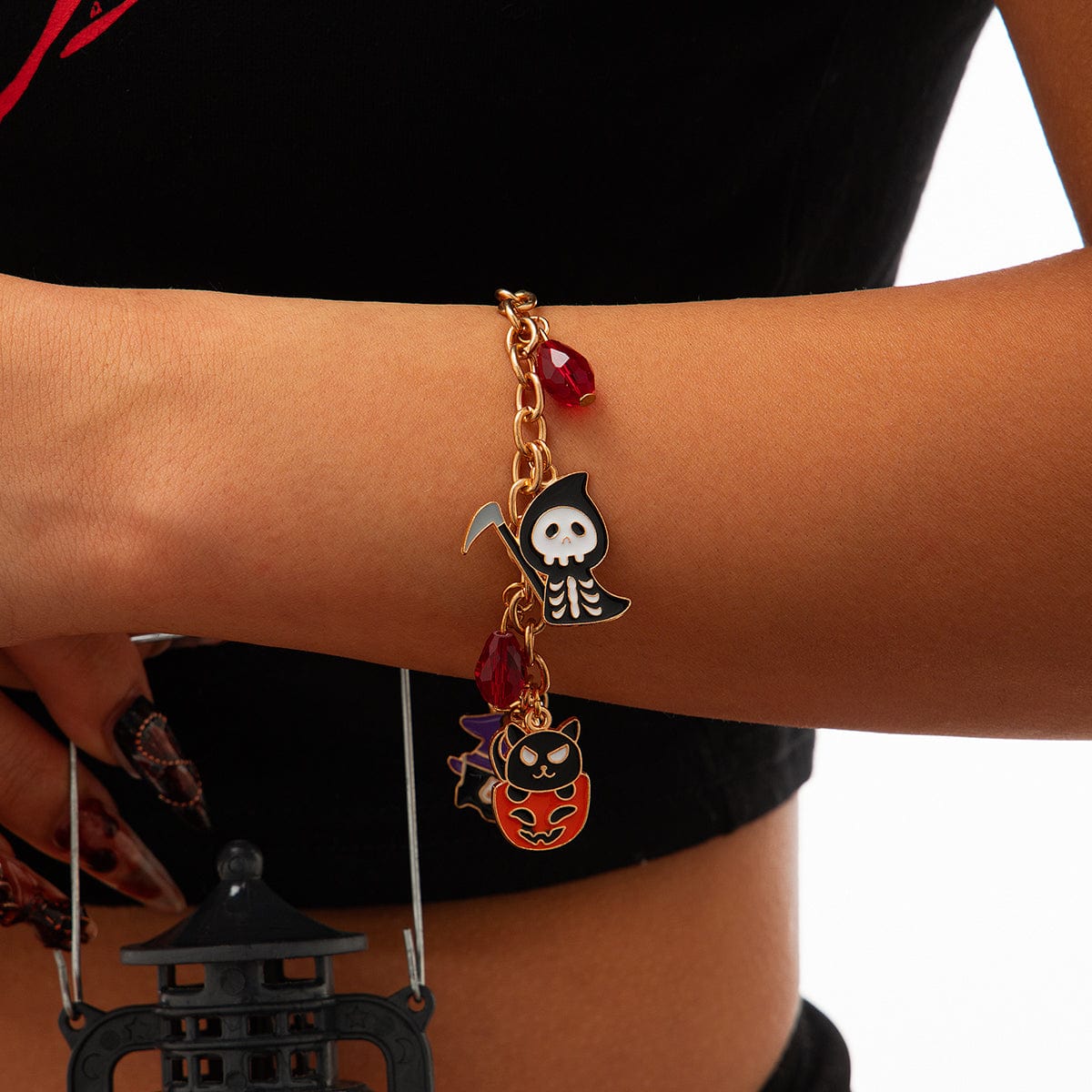 Halloween Theme Pumpkin Ghost Skeleton Charm Crystal Tassel Bracelet