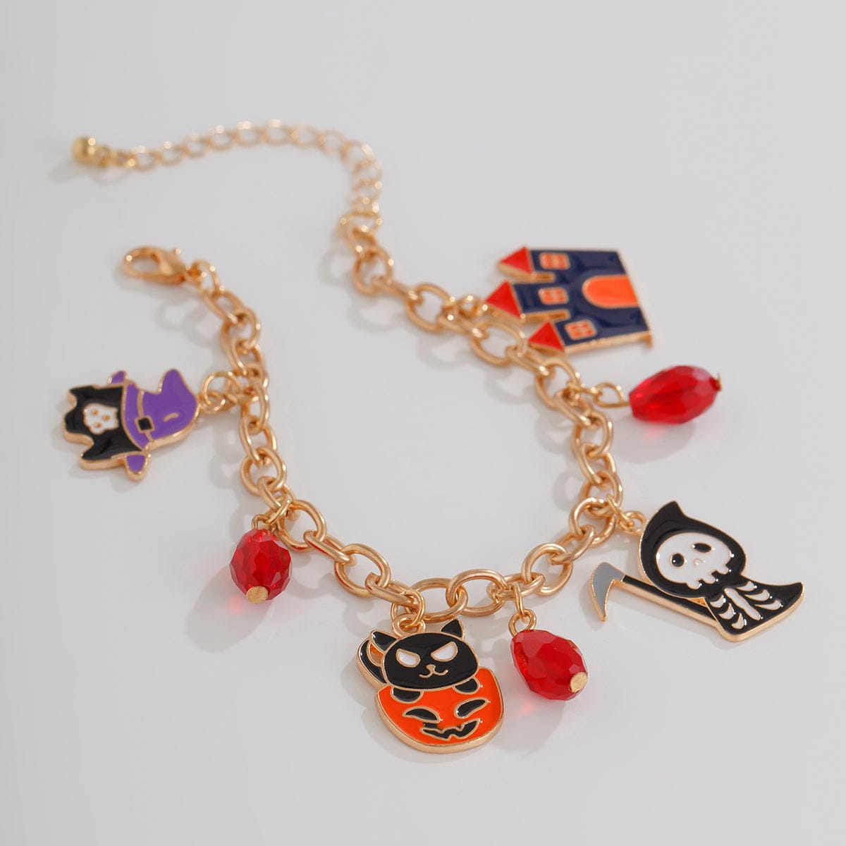 Halloween Theme Pumpkin Ghost Skeleton Charm Crystal Tassel Bracelet