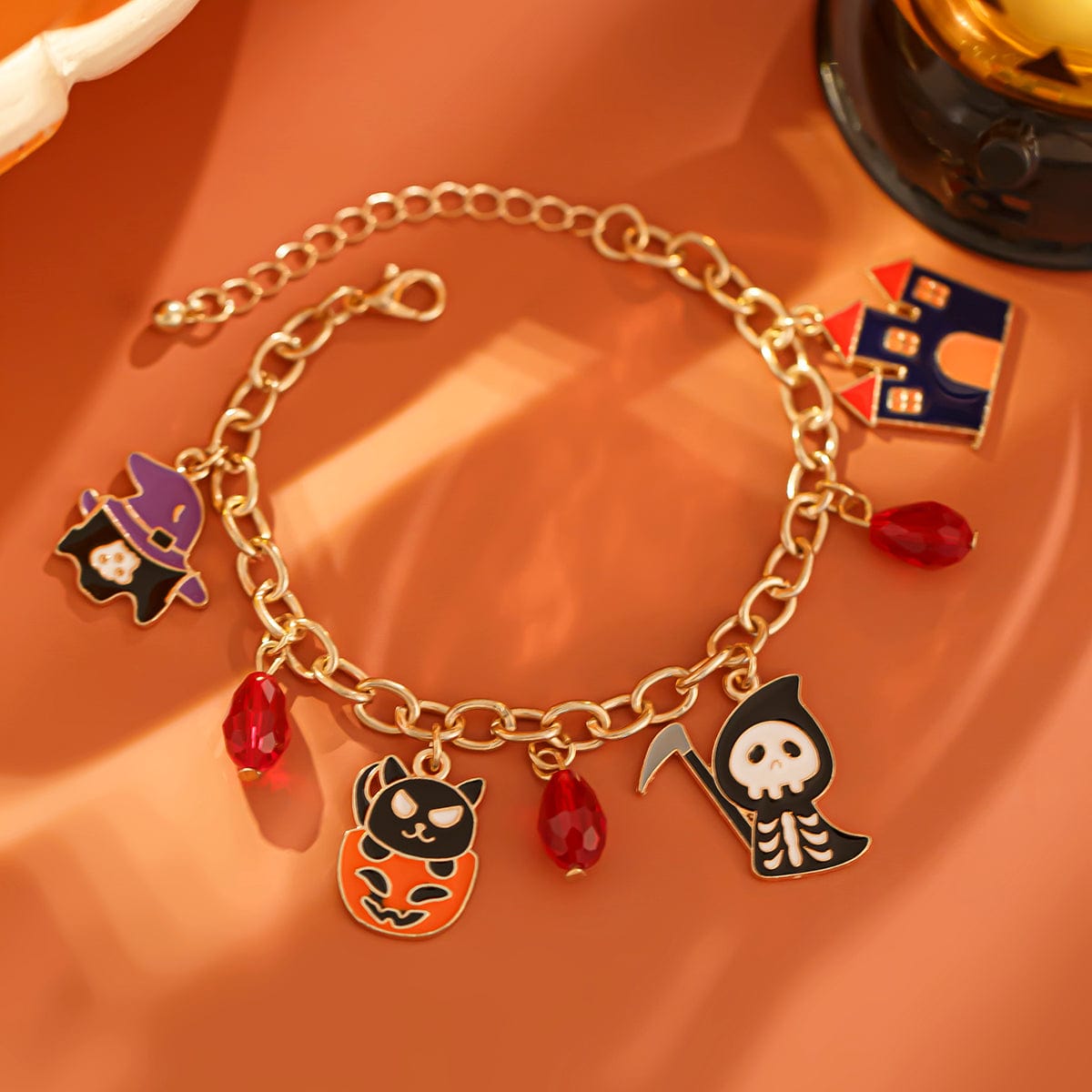 Halloween Theme Pumpkin Ghost Skeleton Charm Crystal Tassel Bracelet