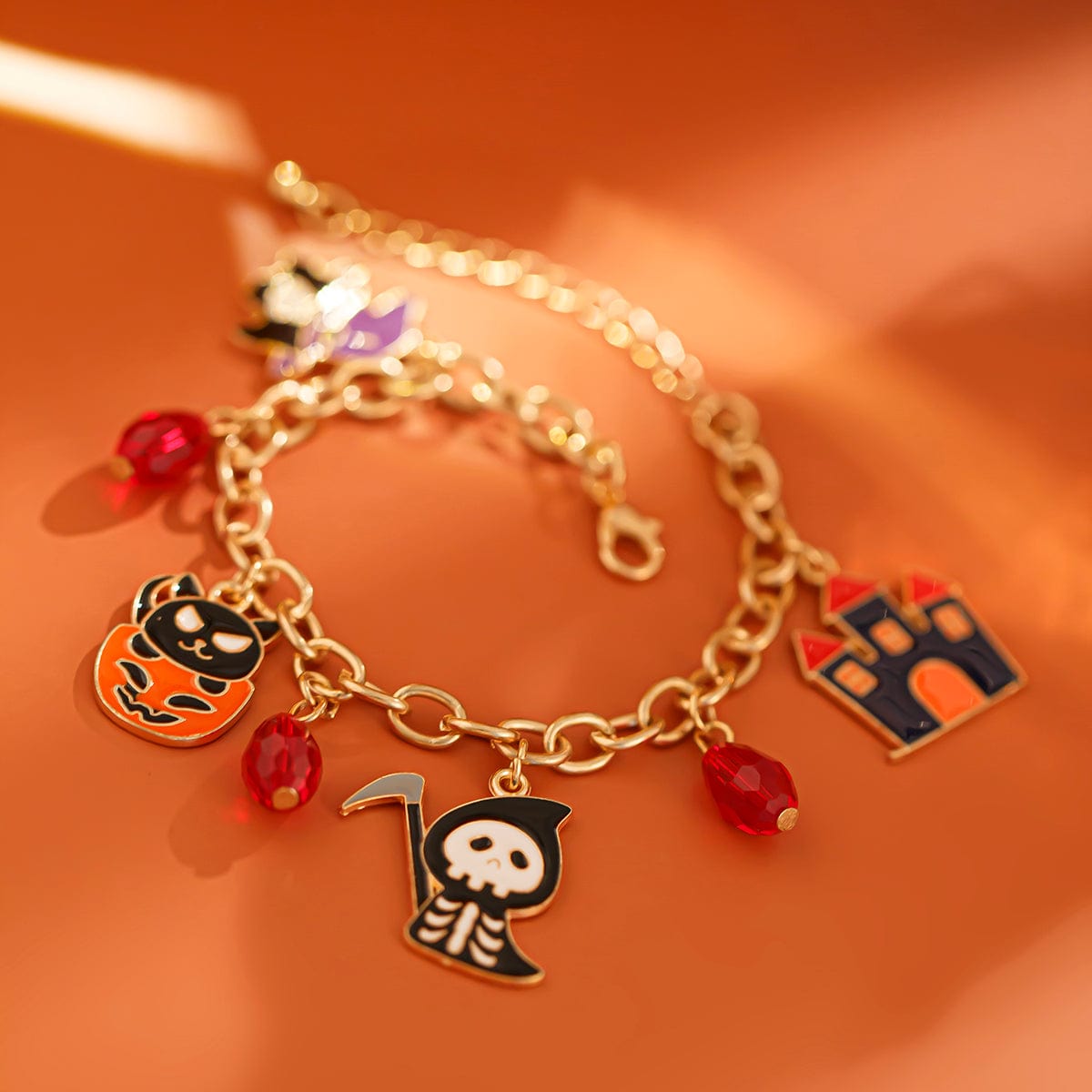 Halloween Theme Pumpkin Ghost Skeleton Charm Crystal Tassel Bracelet