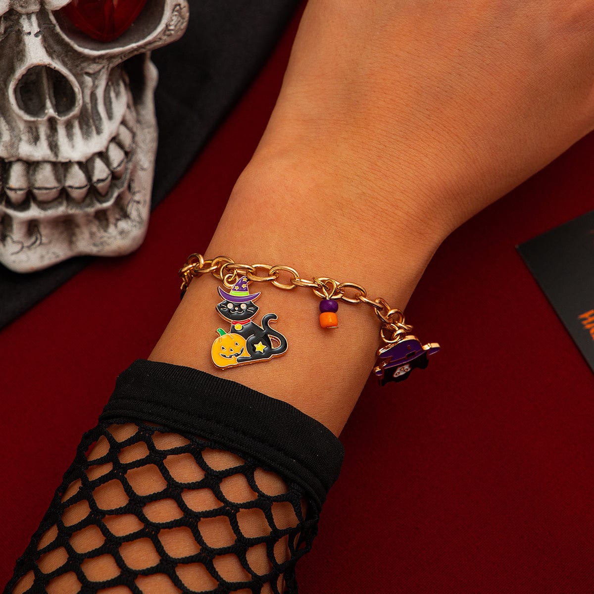 Halloween Toggle Clasp Witch Kitten Pumpkin Charm Bracelet - ArtGalleryZen