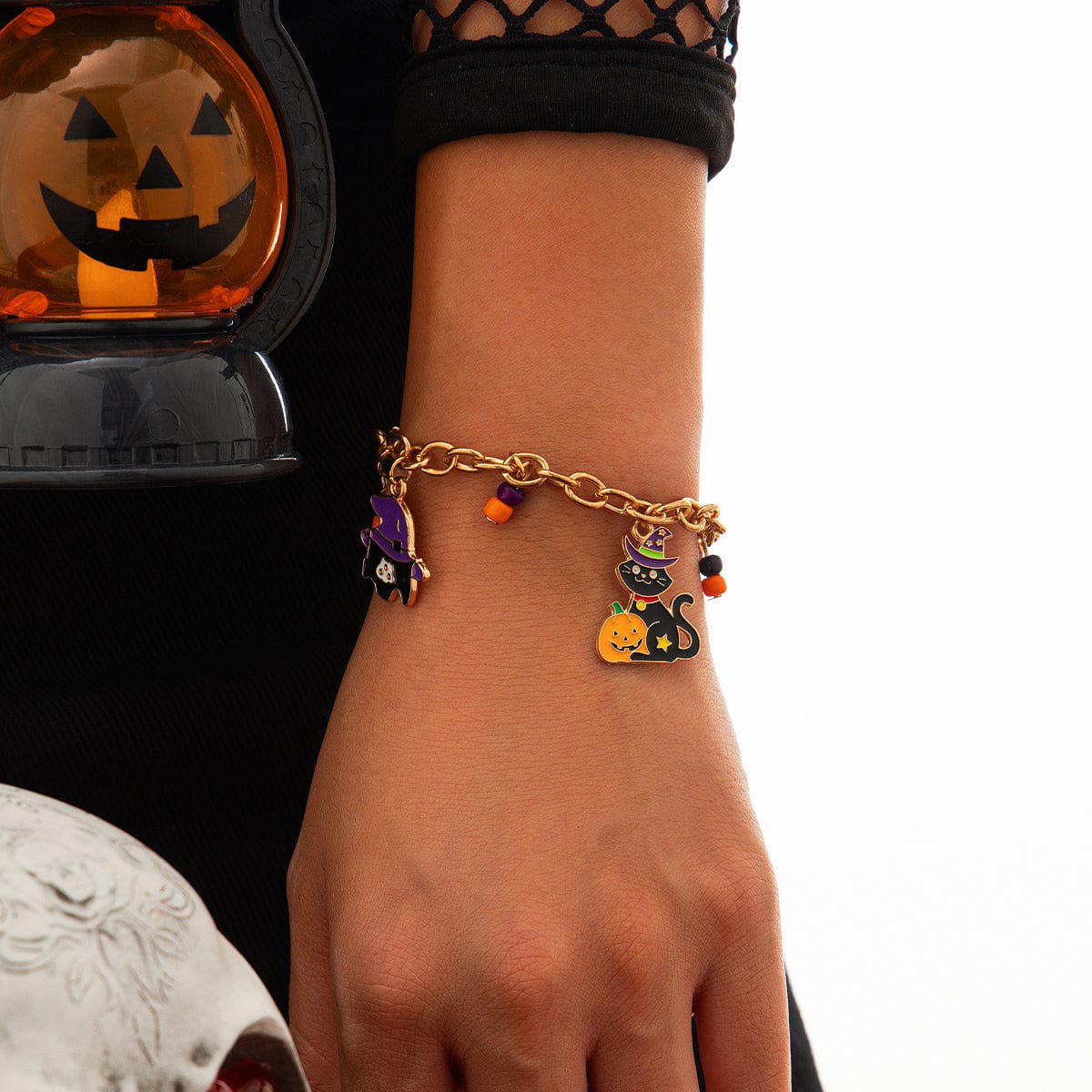 Halloween Toggle Clasp Witch Kitten Pumpkin Charm Bracelet