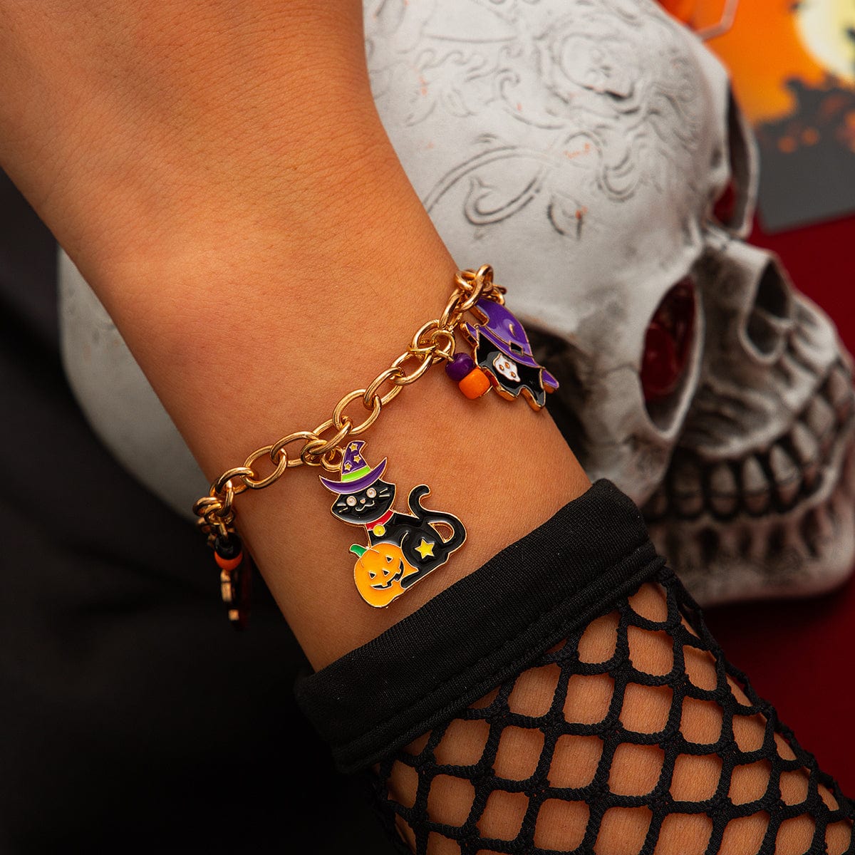 Halloween Toggle Clasp Witch Kitten Pumpkin Charm Bracelet