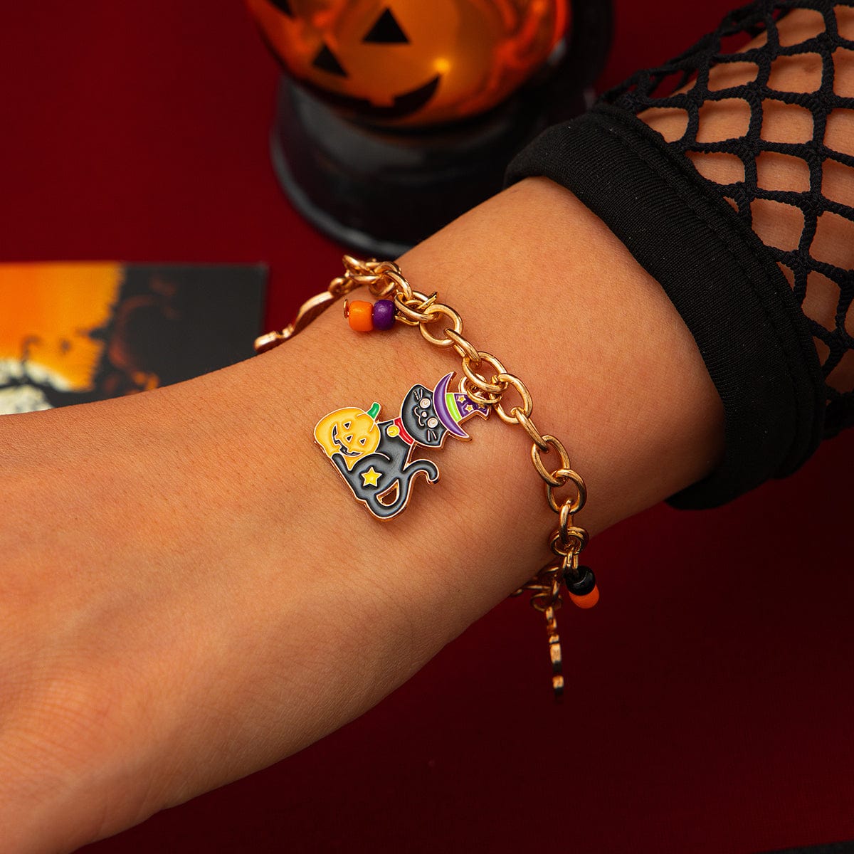 Halloween Toggle Clasp Witch Kitten Pumpkin Charm Bracelet