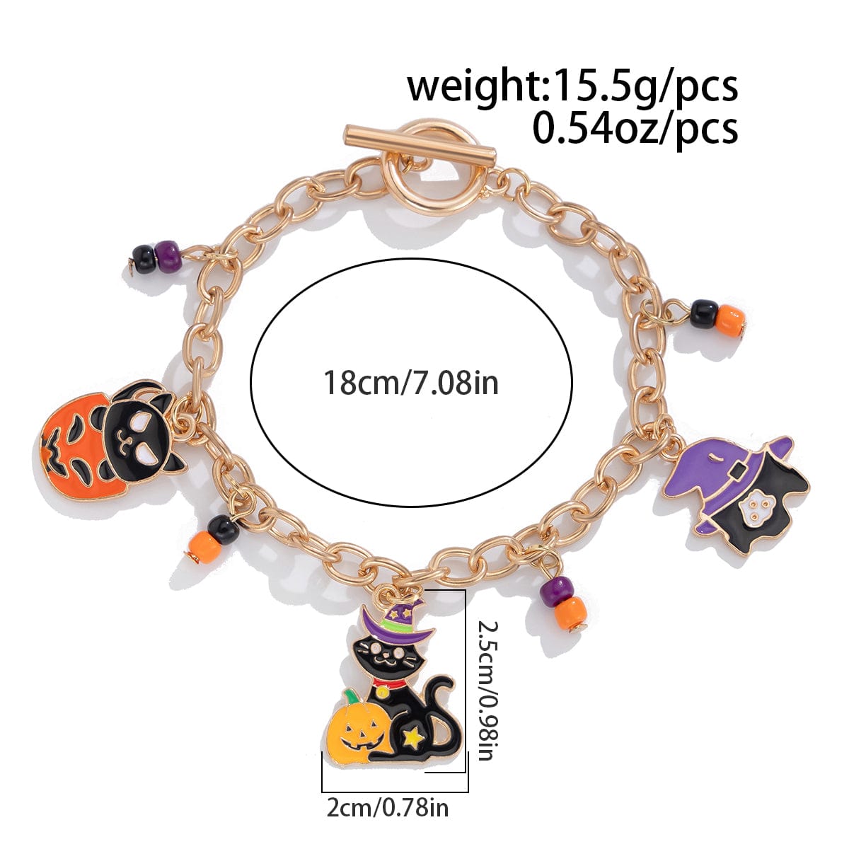 Halloween Toggle Clasp Witch Kitten Pumpkin Charm Bracelet