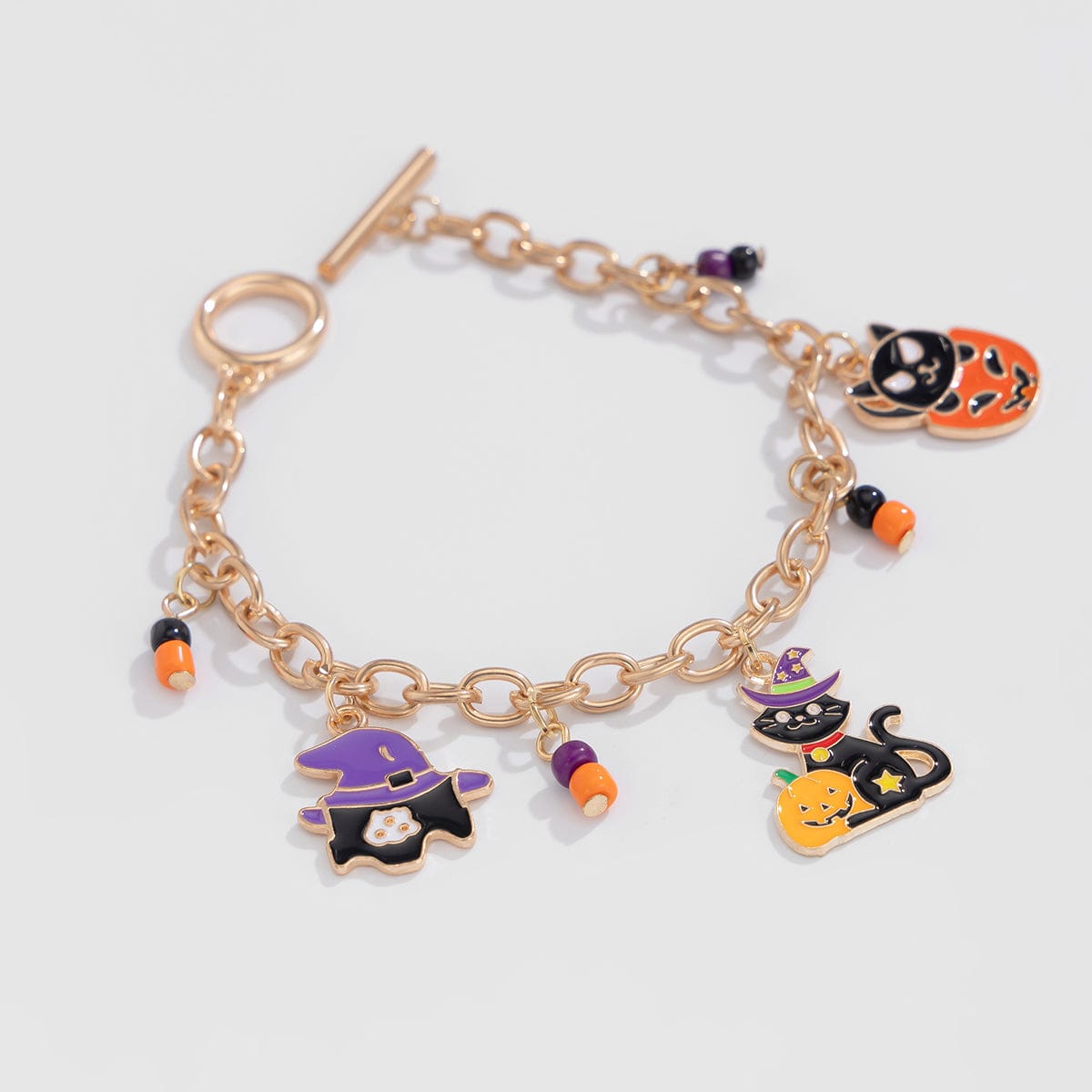 Halloween Toggle Clasp Witch Kitten Pumpkin Charm Bracelet