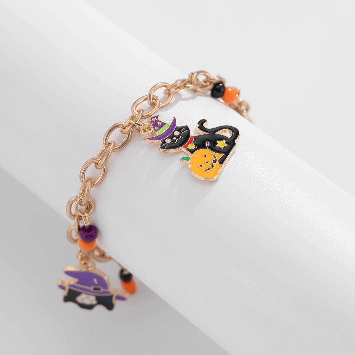 Halloween Toggle Clasp Witch Kitten Pumpkin Charm Bracelet