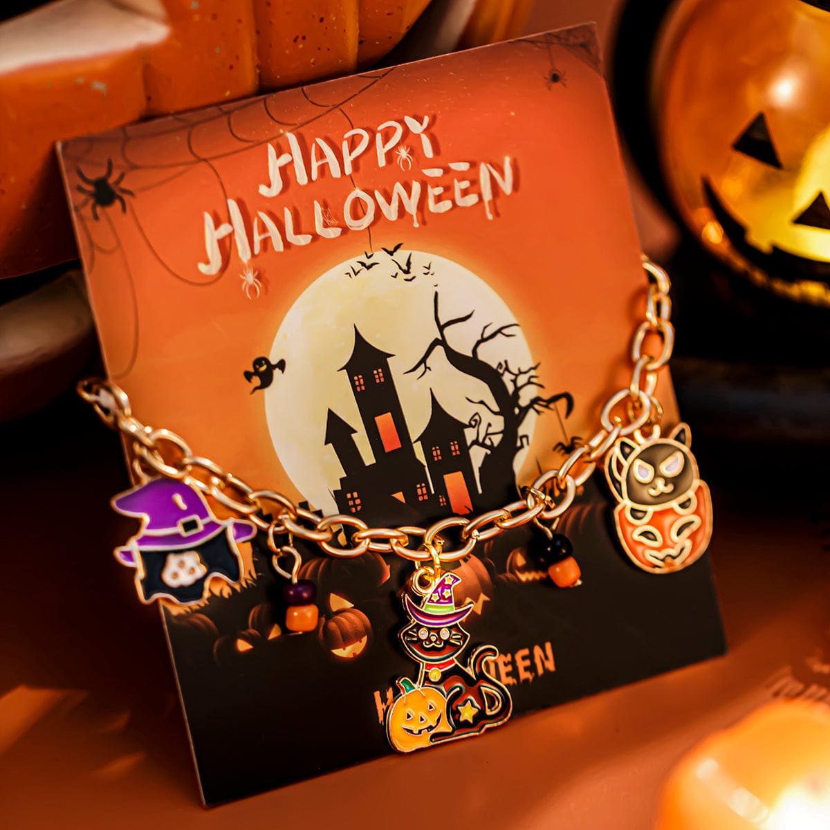 Halloween Toggle Clasp Witch Kitten Pumpkin Charm Bracelet