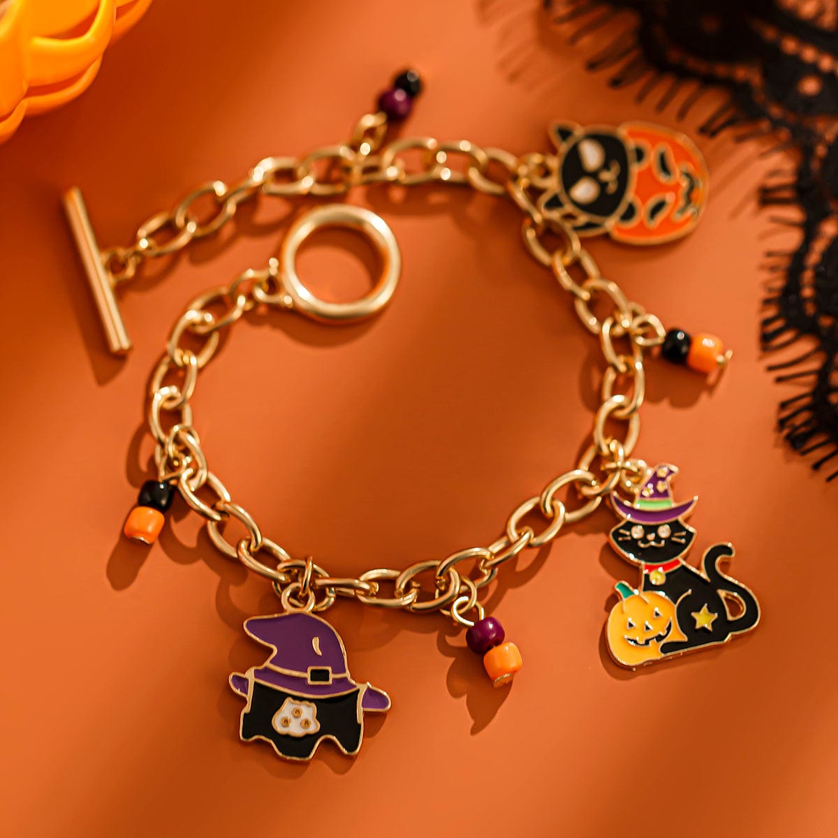 Halloween Toggle Clasp Witch Kitten Pumpkin Charm Bracelet