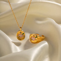 Thumbnail for Hand Painted 24K Gold Filled Stainless Steel Arrow Heart Necklace Ring Set - ArtGalleryZen