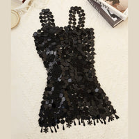 Thumbnail for Handmade Black White Sequins Tassel Patchwork Nightclub Party Strappy Dress - ArtGalleryZen