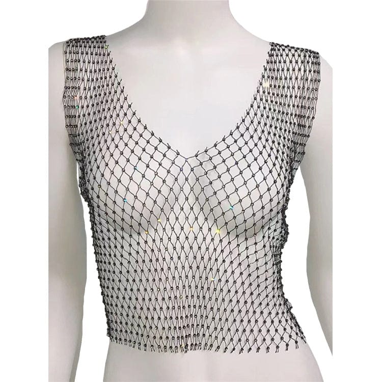 Handmade Bling Rhinestone Fishnet See Through Mesh Halter Top - ArtGalleryZen