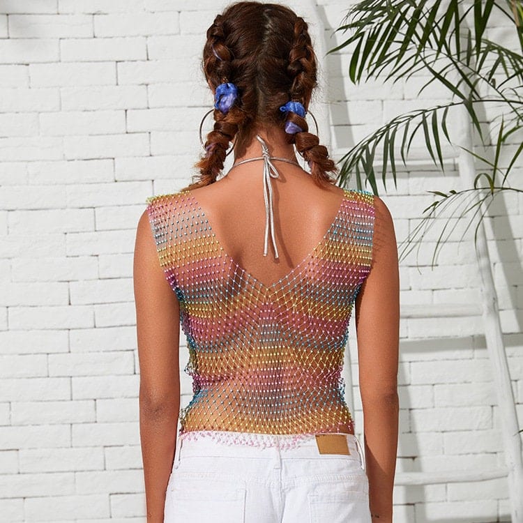 Handmade Bling Rhinestone Fishnet See Through Mesh Halter Top - ArtGalleryZen