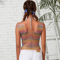 Thumbnail for Handmade Bling Rhinestone Fishnet See Through Mesh Halter Top - ArtGalleryZen