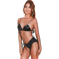 Thumbnail for Handmade Bling Rhinestone Fishnet See Through Mesh Long Sleeve Dress - ArtGalleryZen