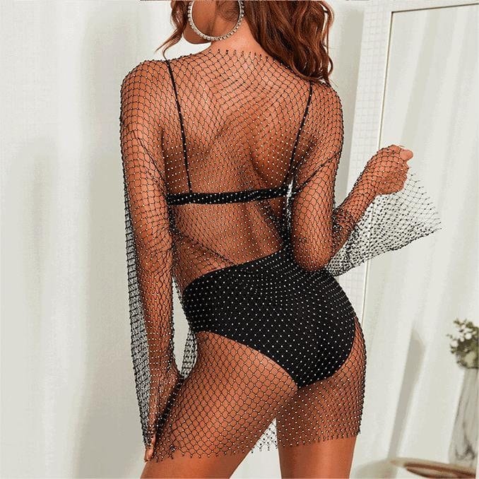 Handmade Bling Rhinestone Fishnet See Through Mesh Long Sleeve Dress - ArtGalleryZen