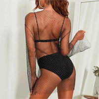Thumbnail for Handmade Bling Rhinestone Fishnet See Through Mesh Long Sleeve Dress - ArtGalleryZen