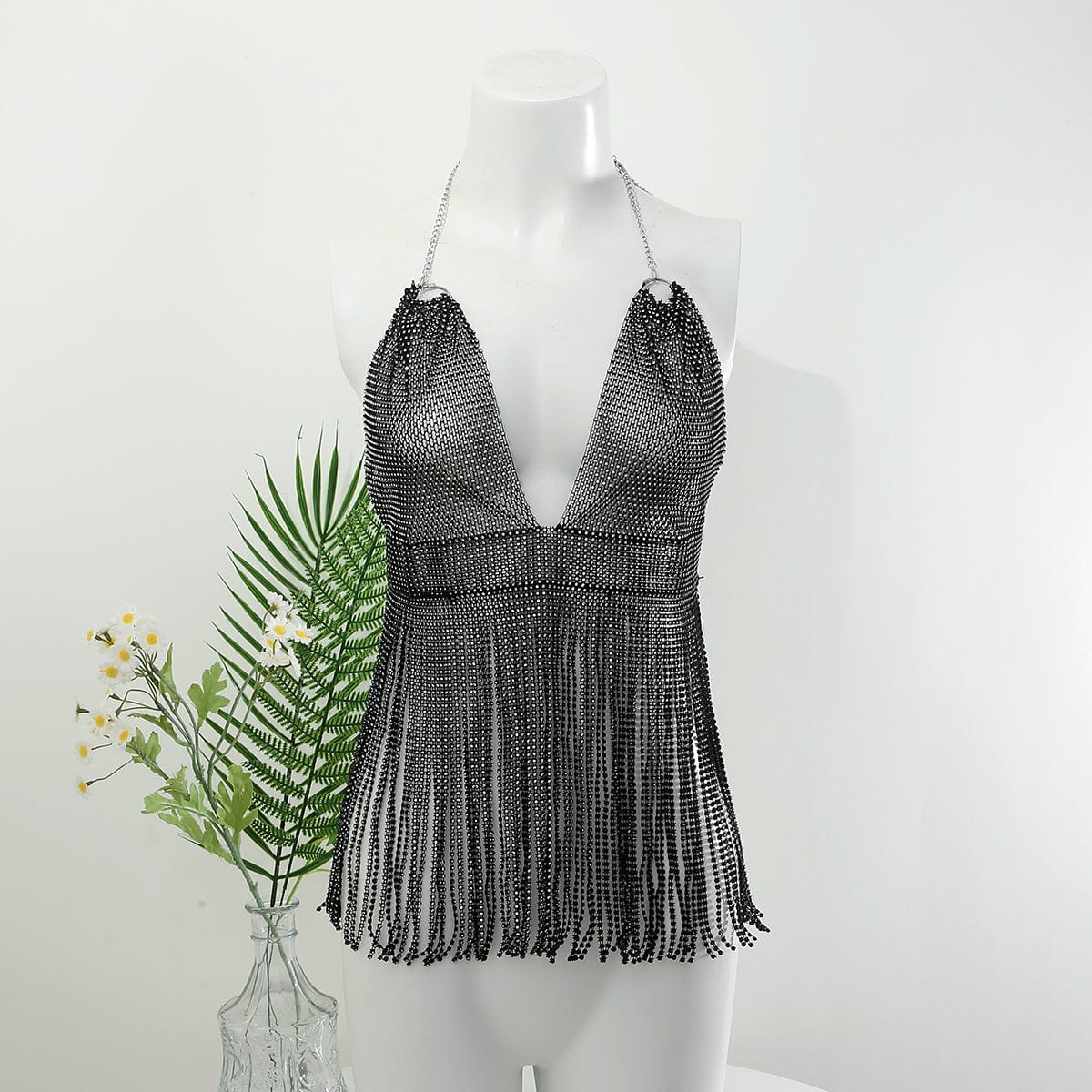 Handmade Bling Rhinestone Fishnet See Through Mesh Tassel Bra - ArtGalleryZen