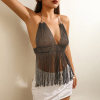 Thumbnail for Handmade Bling Rhinestone Fishnet See Through Mesh Tassel Bra - ArtGalleryZen