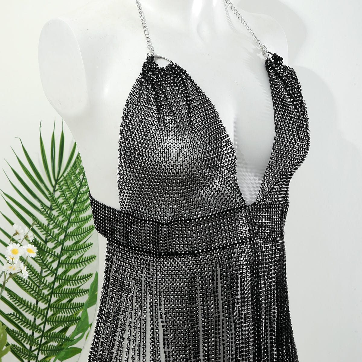 Handmade Bling Rhinestone Fishnet See Through Mesh Tassel Bra - ArtGalleryZen