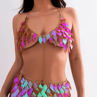 Thumbnail for Handmade Colorful Rhombic Squamous Backless Sequin Bra - ArtGalleryZen