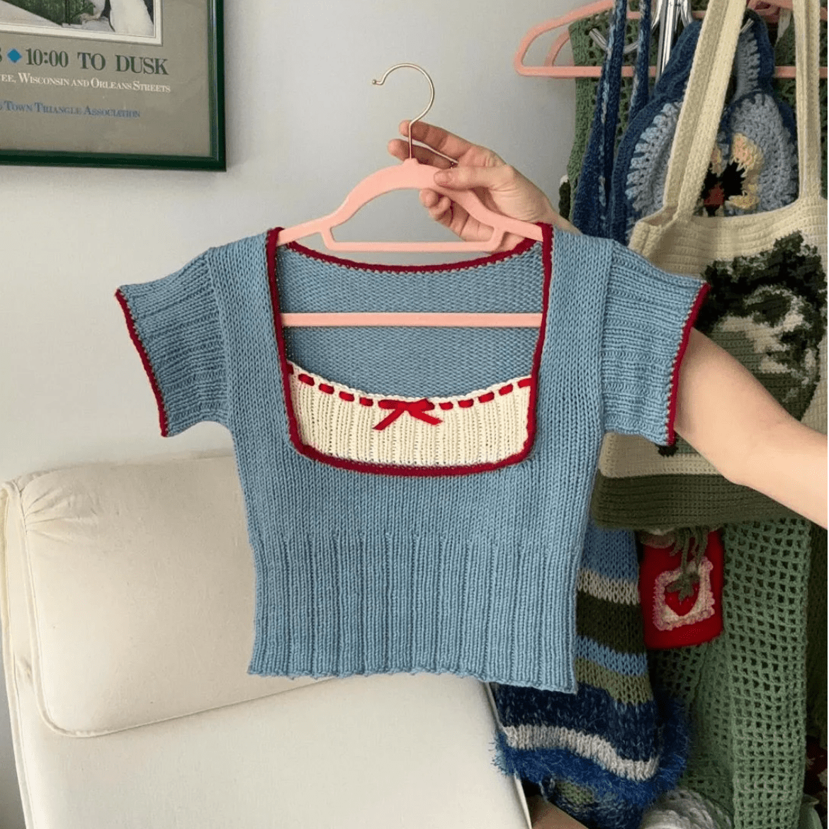 Handmade Crochet Mohair Blue Short Sleeve Sweater - ArtGalleryZen