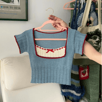 Thumbnail for Handmade Crochet Mohair Blue Short Sleeve Sweater - ArtGalleryZen