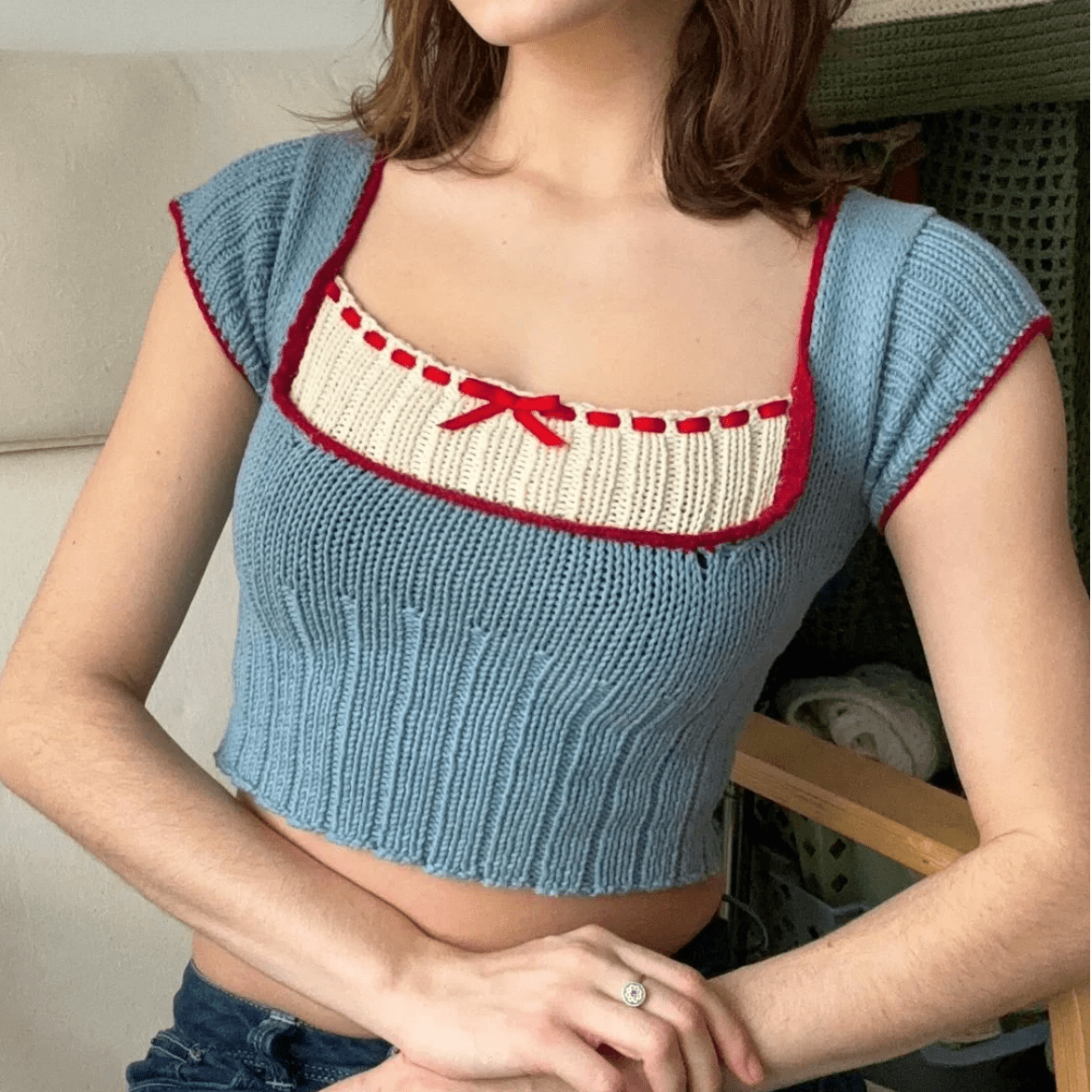 Handmade Crochet Mohair Blue Short Sleeve Sweater - ArtGalleryZen