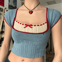 Thumbnail for Handmade Crochet Mohair Blue Short Sleeve Sweater - ArtGalleryZen