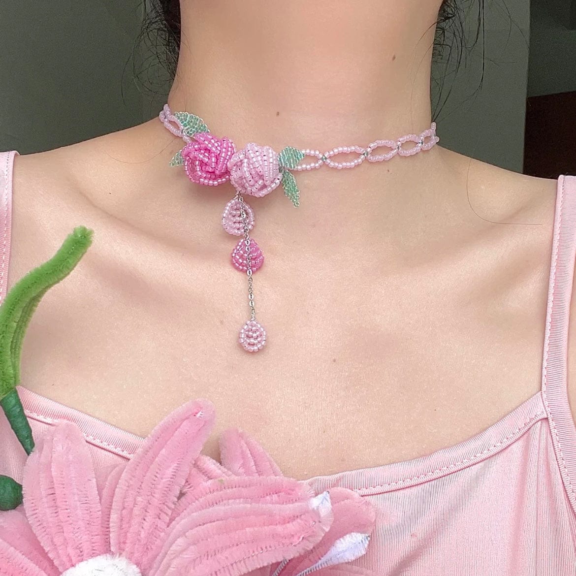 Handmade Crystal Beaded Rose Petal Tassel Y Choker Necklace - ArtGalleryZen