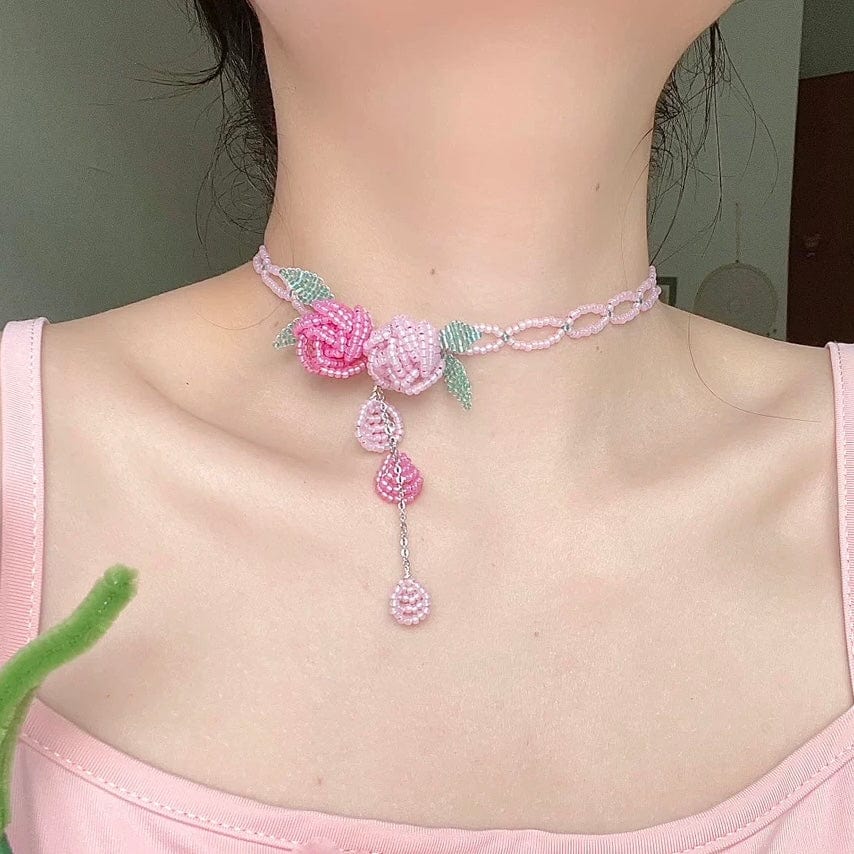 Handmade Crystal Beaded Rose Petal Tassel Y Choker Necklace