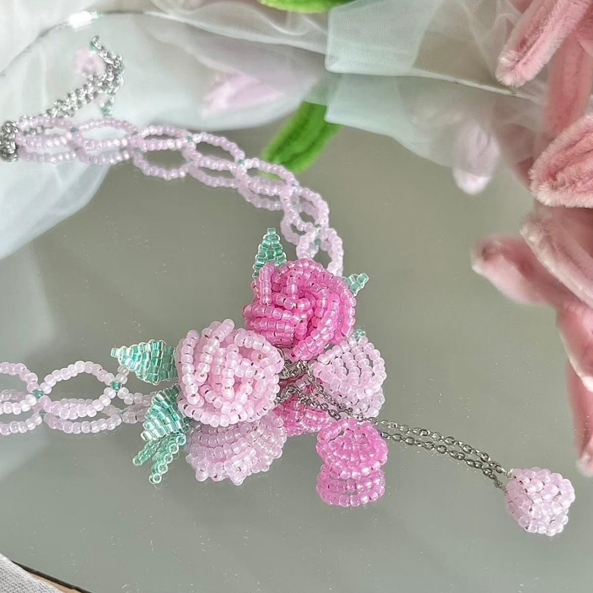 Handmade Crystal Beaded Rose Petal Tassel Y Choker Necklace