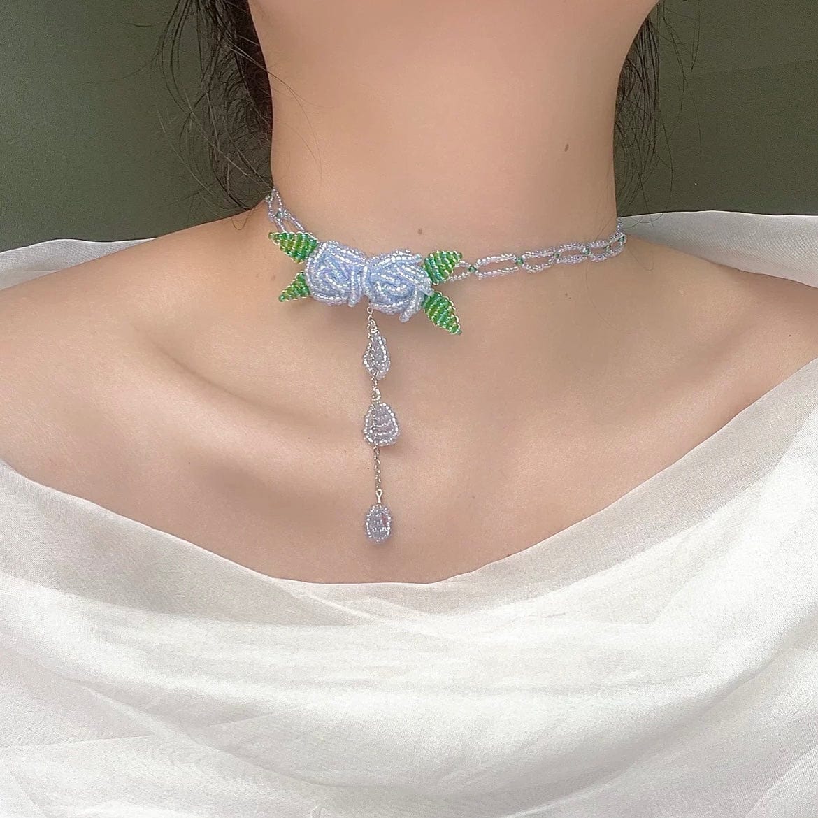 Handmade Crystal Beaded Rose Petal Tassel Y Choker Necklace