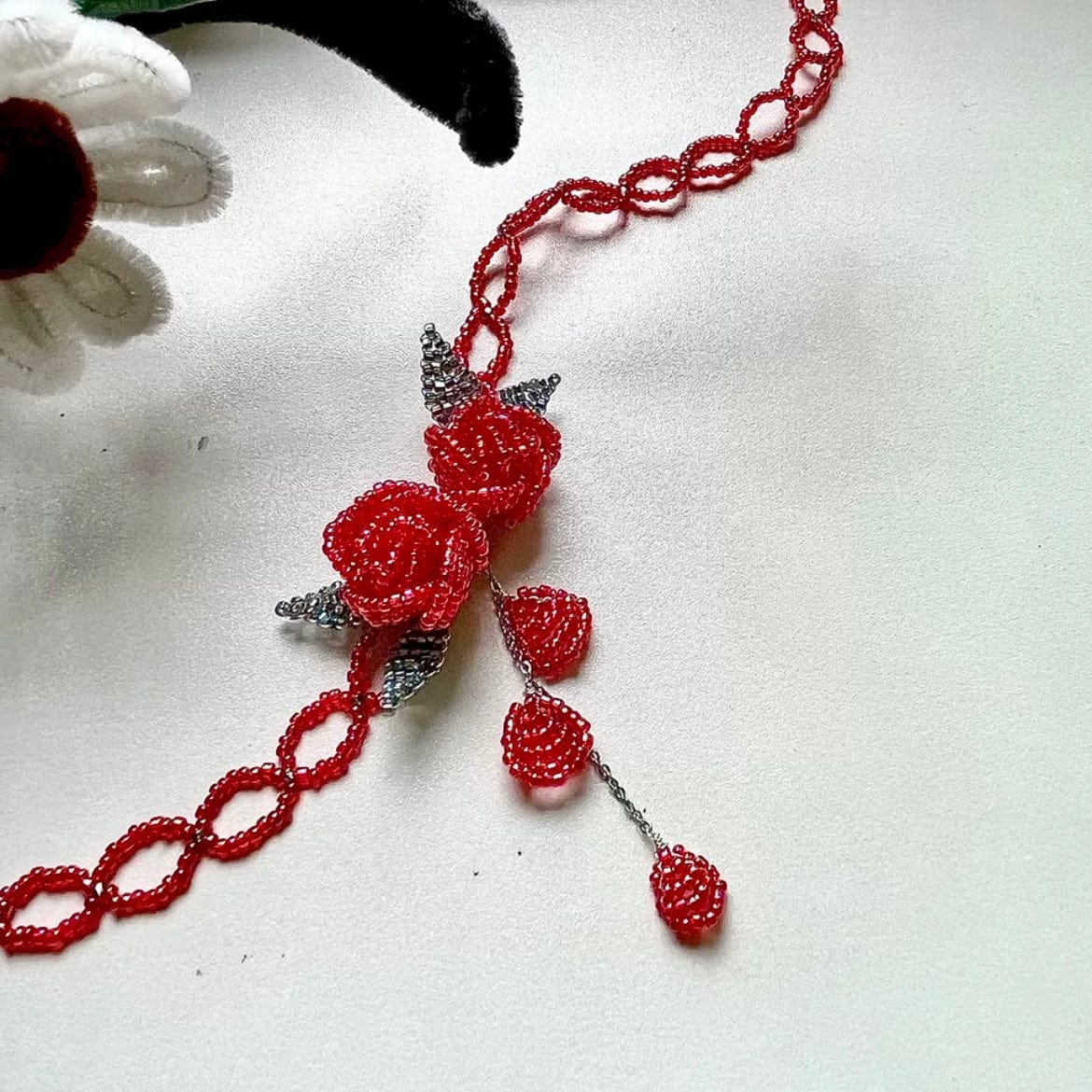 Handmade Crystal Beaded Rose Petal Tassel Y Choker Necklace