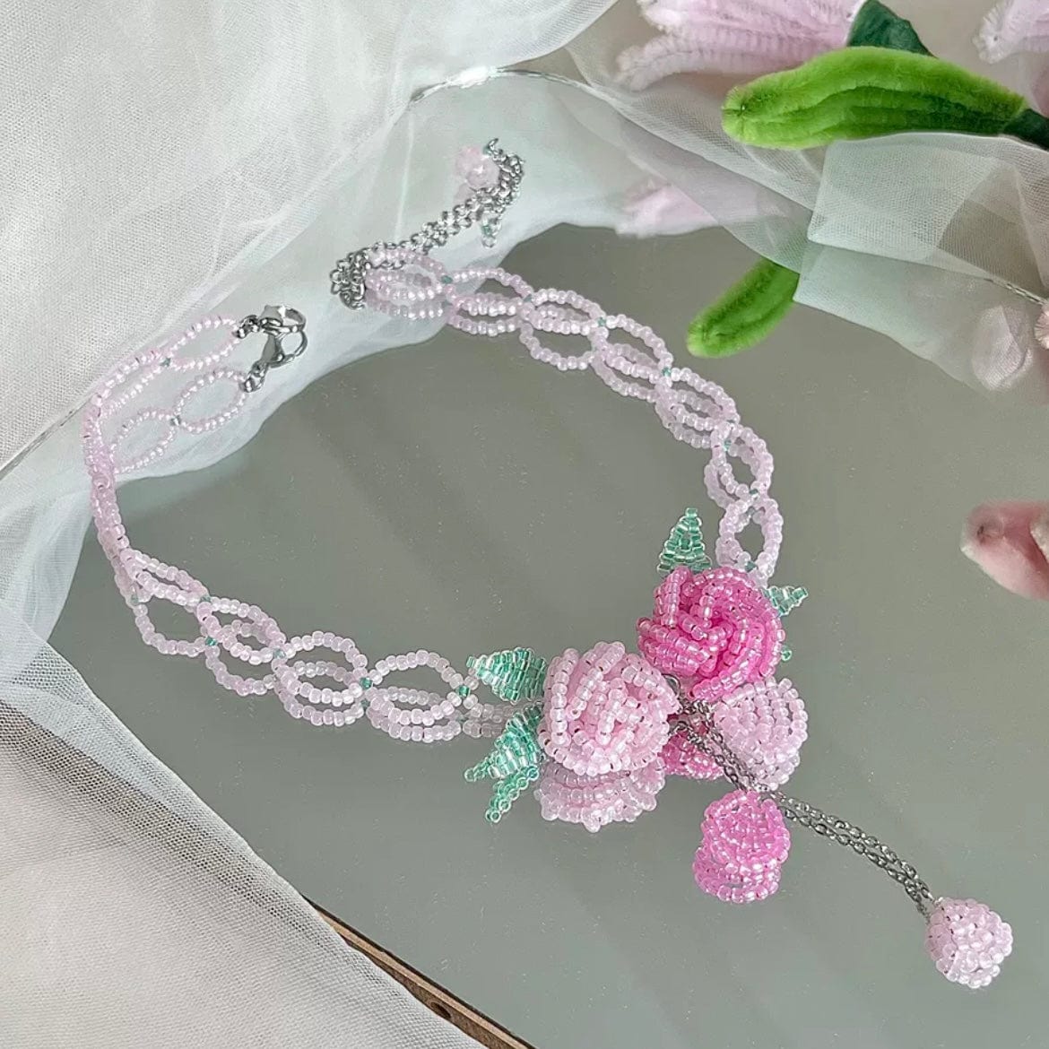 Handmade Crystal Beaded Rose Petal Tassel Y Choker Necklace